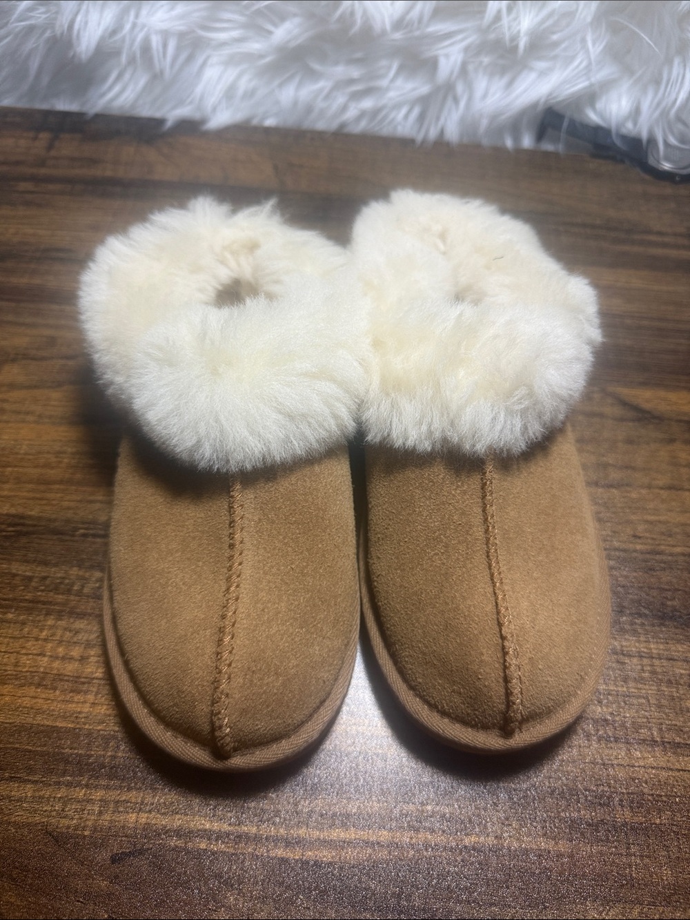 UGG Chestnut Suede Clog Slippers with Cream Shearling